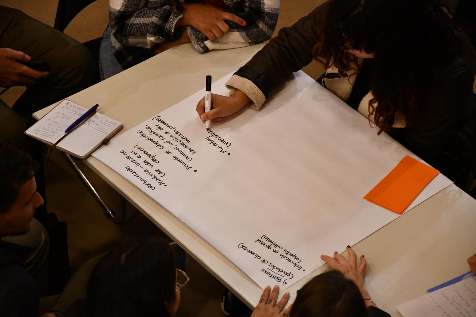 Foto de una mano escribiendo en papelografo durante el dialogo en canelones. 